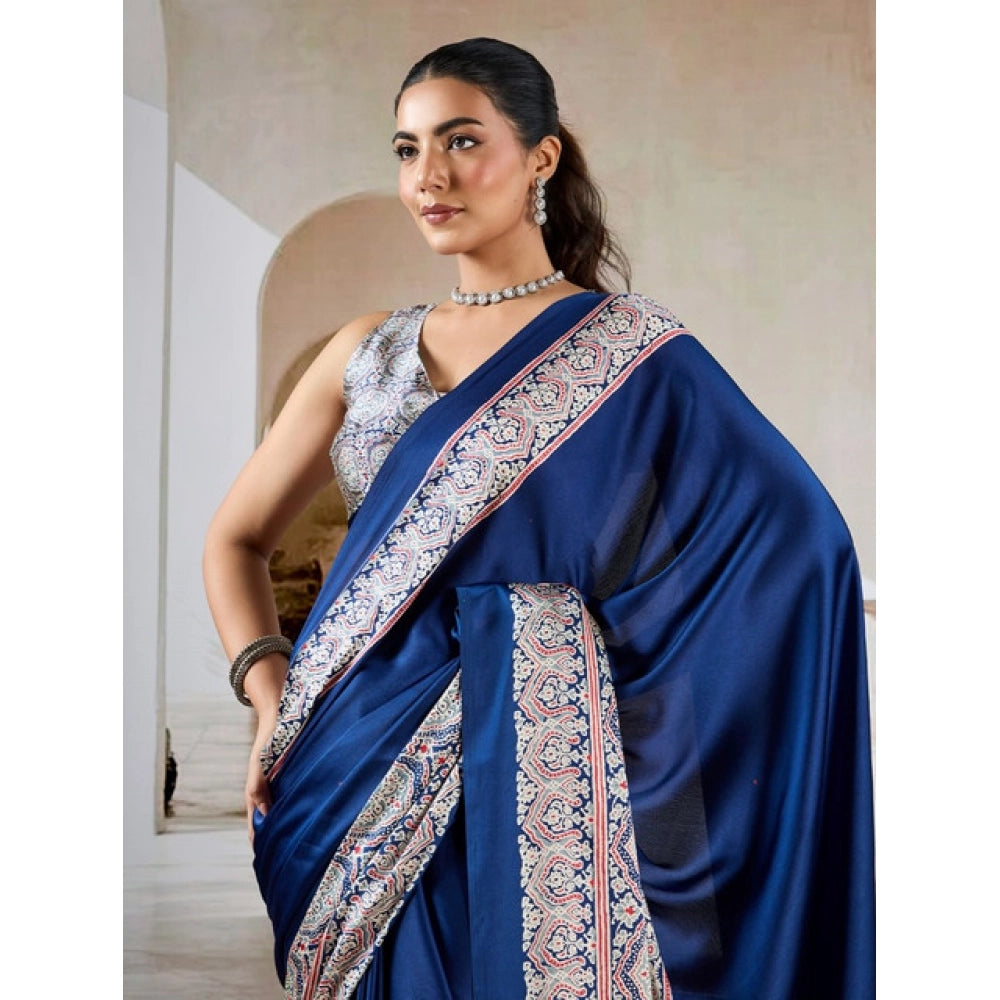 Seduva Women's Satin Crepe Printed Saree With Unstitched Blouse 5.5Mtr (Blue)