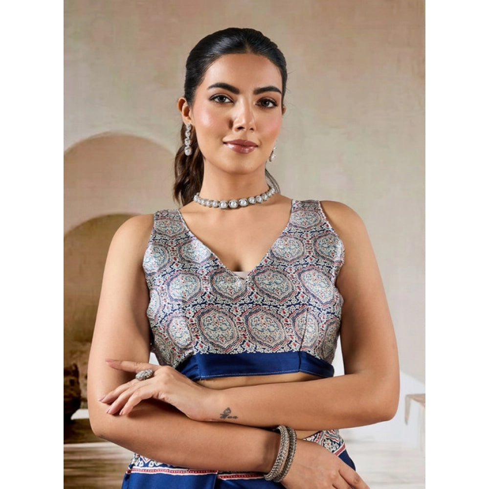 Seduva Women's Satin Crepe Printed Saree With Unstitched Blouse 5.5Mtr (Blue)