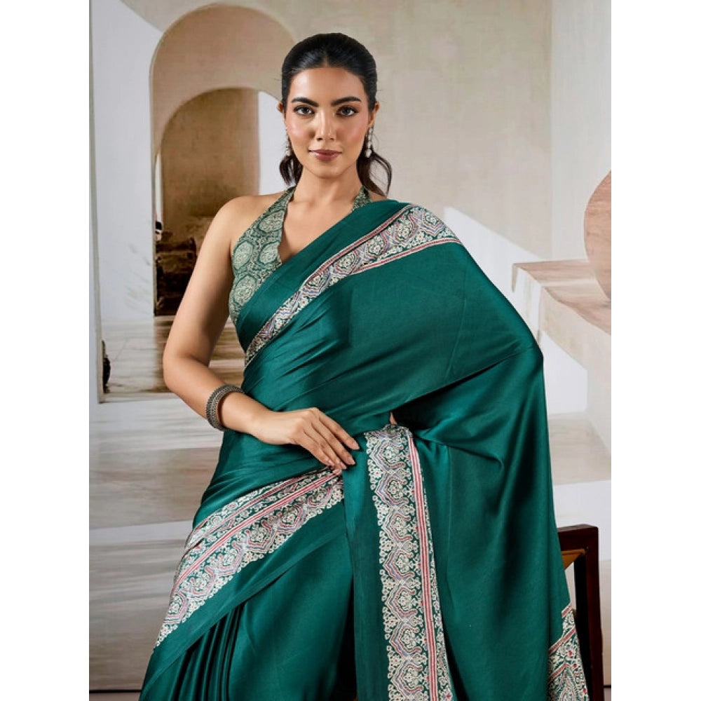 Seduva Women's Satin Crepe Printed Saree With Unstitched Blouse 5.5Mtr (Green)