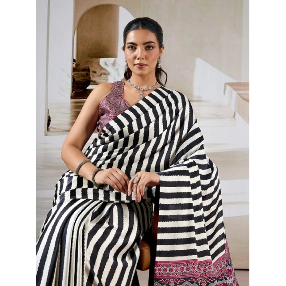 Seduva Women's Satin Crepe Printed Saree With Unstitched Blouse 5.5Mtr (Black)