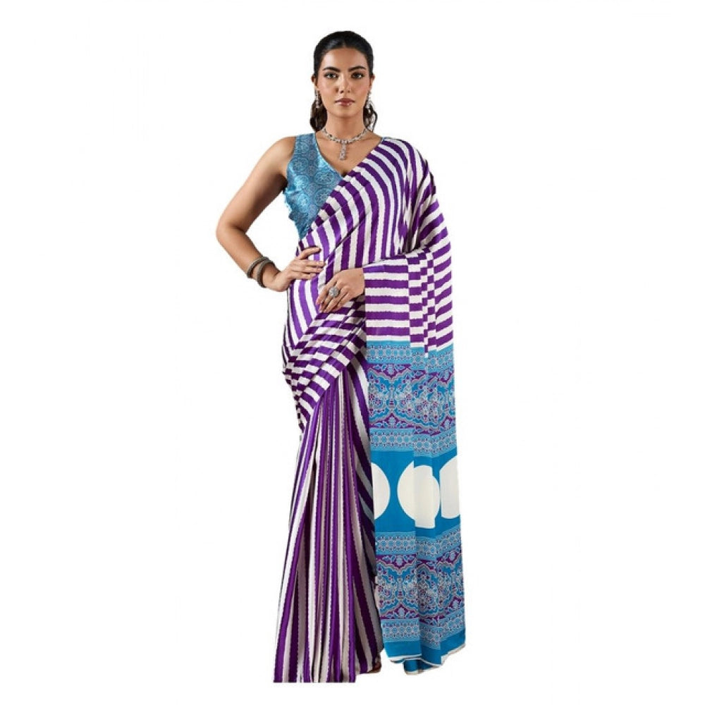 Seduva Women's Satin Crepe Printed Saree With Unstitched Blouse 5.5Mtr (Purple)