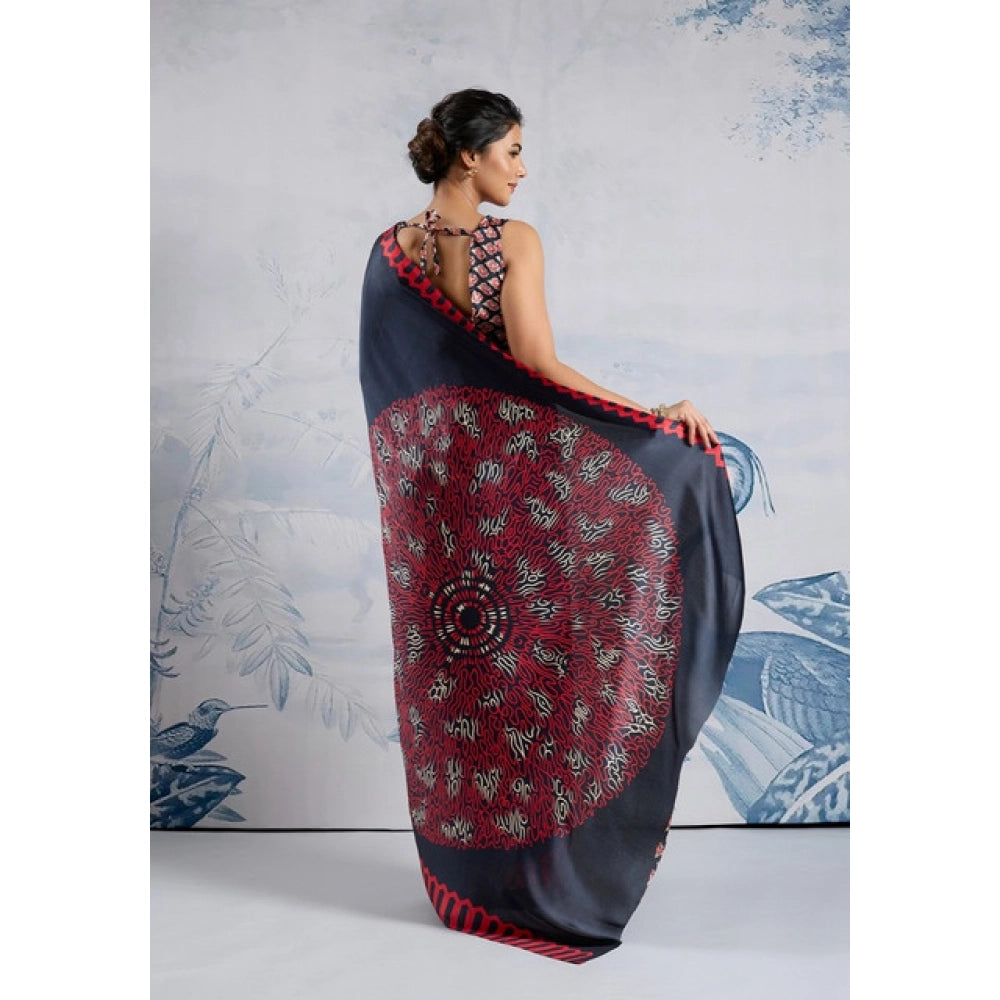 Seduva Women's Satin Crepe Printed Saree With Unstitched Blouse 5.5Mtr (Navy Blue)