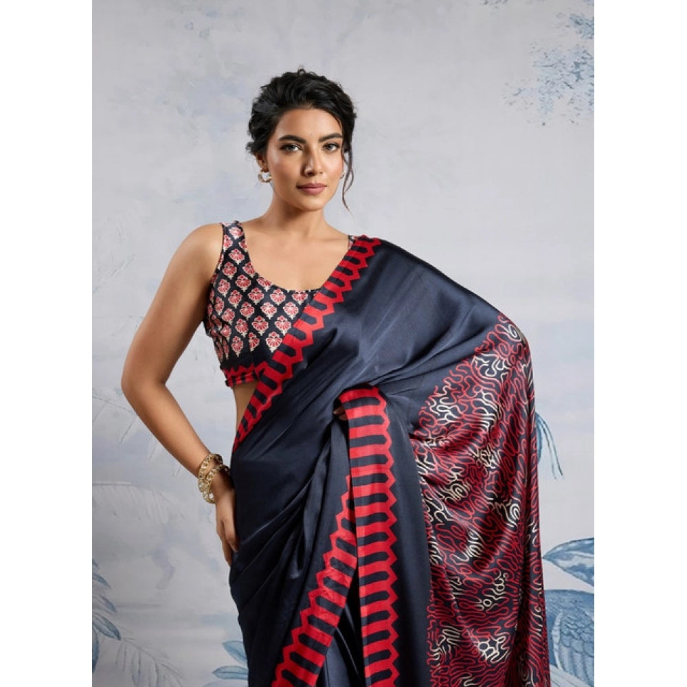 Seduva Women's Satin Crepe Printed Saree With Unstitched Blouse 5.5Mtr (Navy Blue)