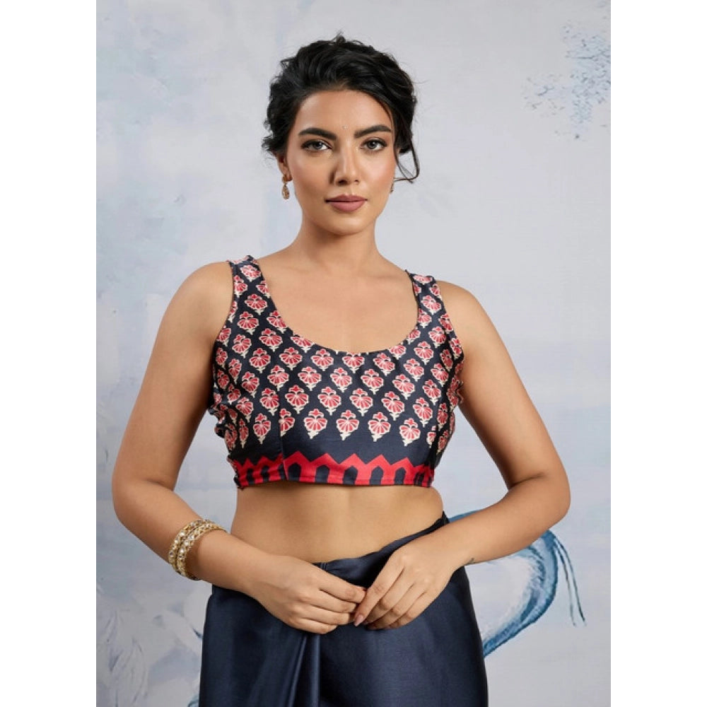 Seduva Women's Satin Crepe Printed Saree With Unstitched Blouse 5.5Mtr (Navy Blue)