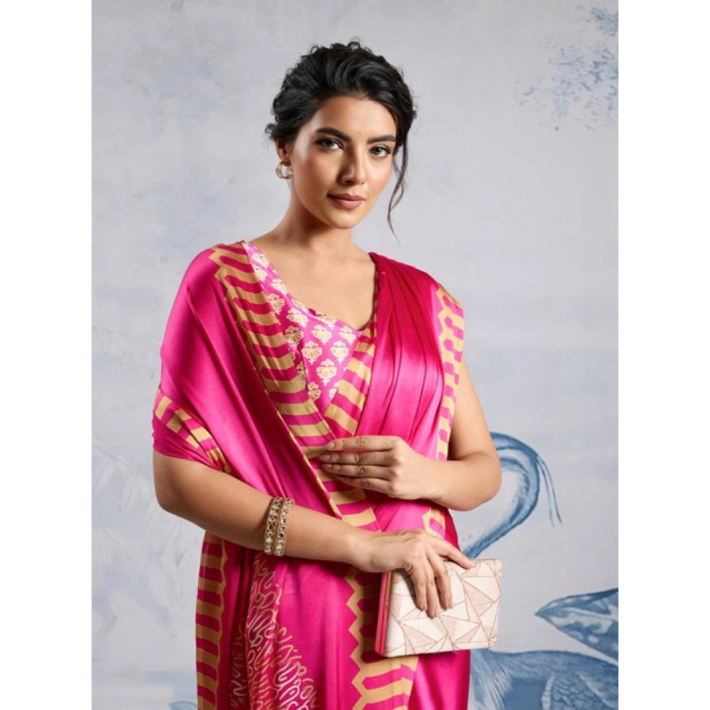 Seduva Women's Satin Crepe Printed Saree With Unstitched Blouse 5.5Mtr (Pink)