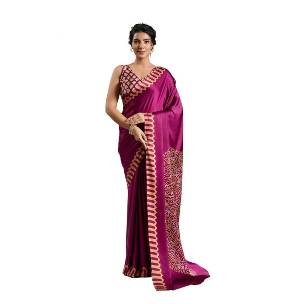 Seduva Women's Satin Crepe Printed Saree With Unstitched Blouse 5.5Mtr (Purple)