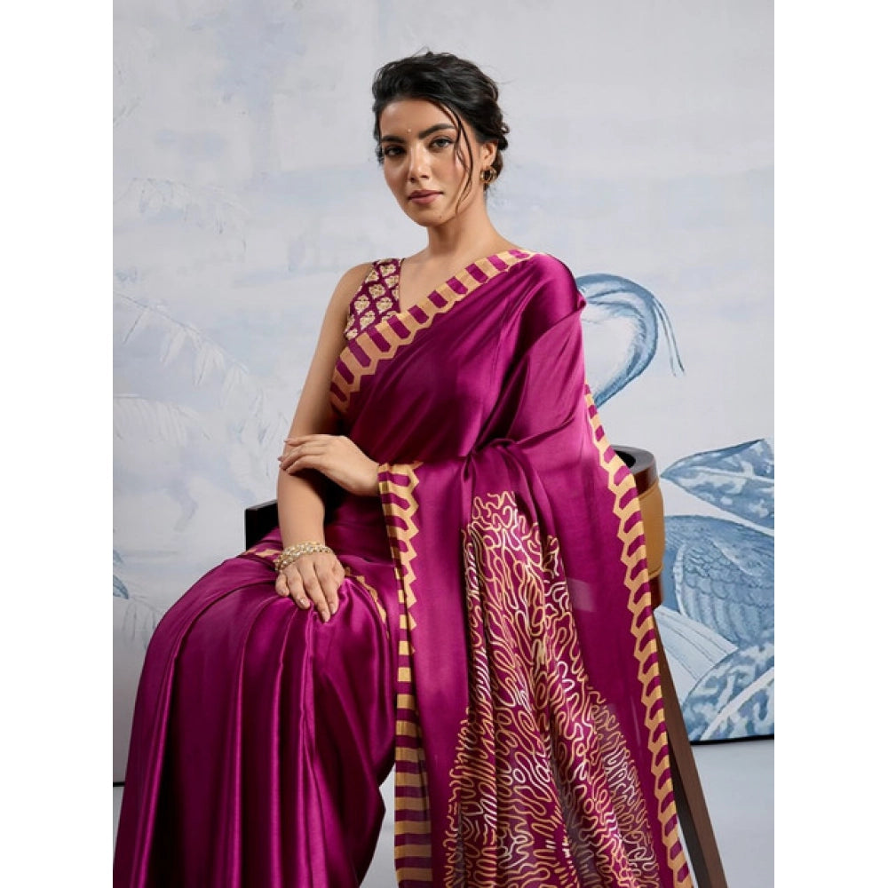 Seduva Women's Satin Crepe Printed Saree With Unstitched Blouse 5.5Mtr (Purple)