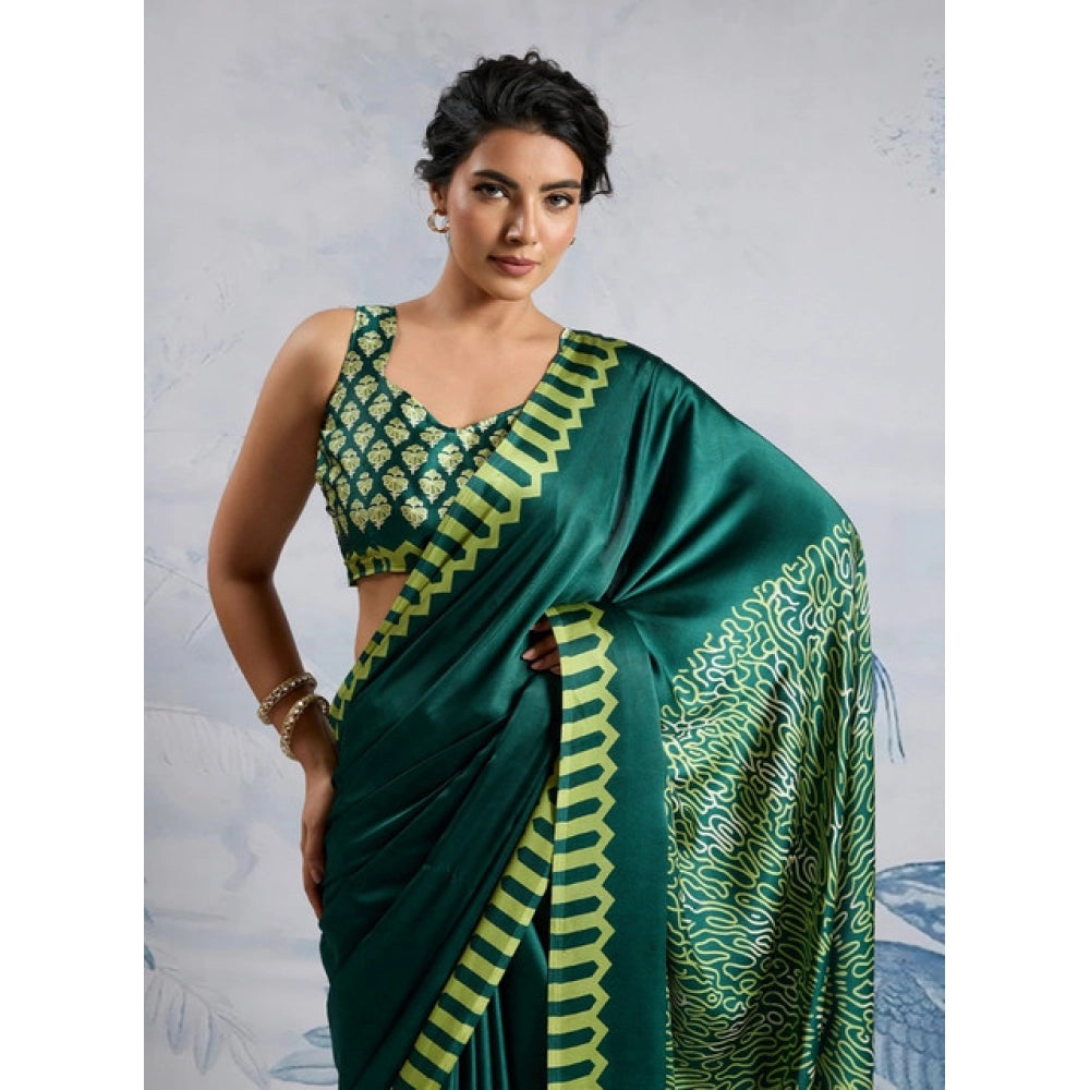 Seduva Women's Satin Crepe Printed Saree With Unstitched Blouse 5.5Mtr (Green)