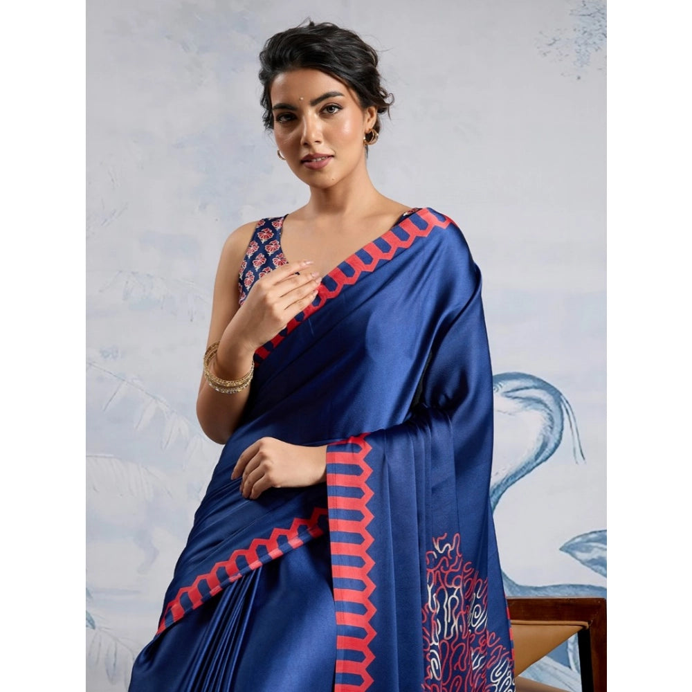 Seduva Women's Satin Crepe Printed Saree With Unstitched Blouse 5.5Mtr (Blue)