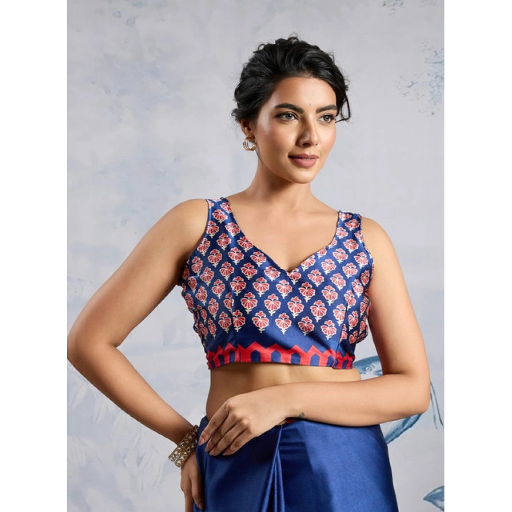 Seduva Women's Satin Crepe Printed Saree With Unstitched Blouse 5.5Mtr (Blue)