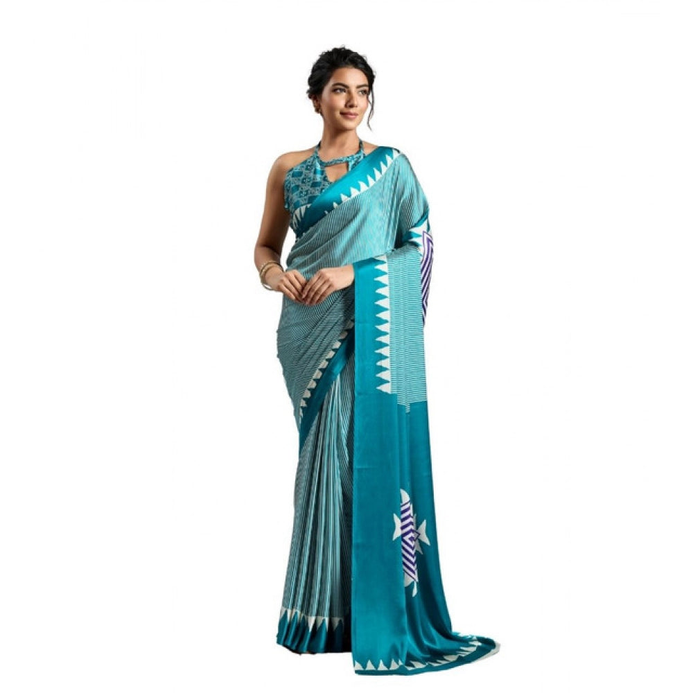 Seduva Women's Satin Crepe Printed Saree With Unstitched Blouse 5.5Mtr (Rama Blue)