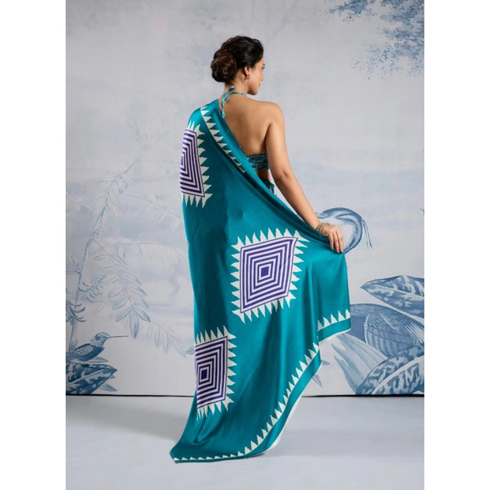 Seduva Women's Satin Crepe Printed Saree With Unstitched Blouse 5.5Mtr (Rama Blue)