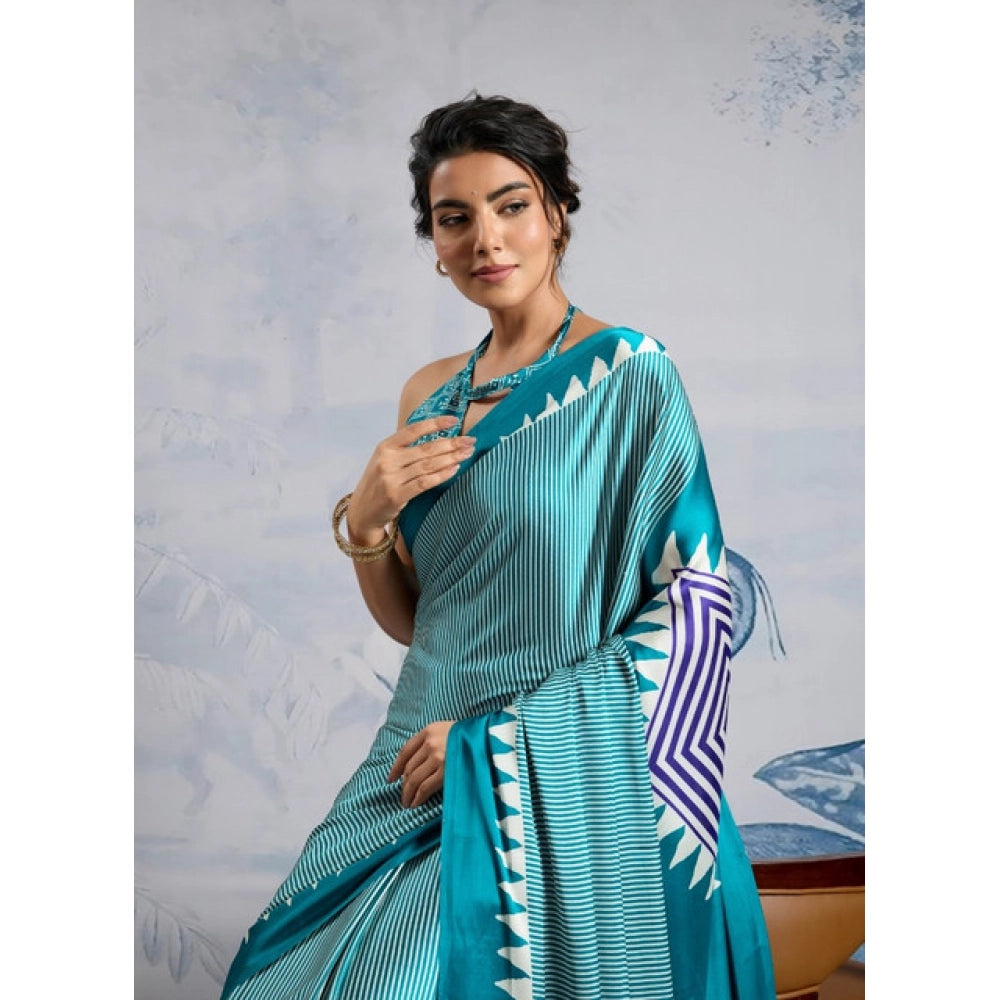 Seduva Women's Satin Crepe Printed Saree With Unstitched Blouse 5.5Mtr (Rama Blue)