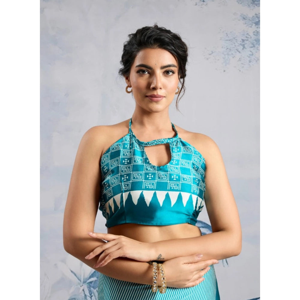 Seduva Women's Satin Crepe Printed Saree With Unstitched Blouse 5.5Mtr (Rama Blue)