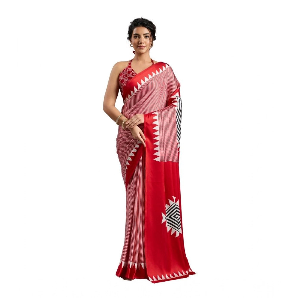 Seduva Women's Satin Crepe Printed Saree With Unstitched Blouse 5.5Mtr (Red)
