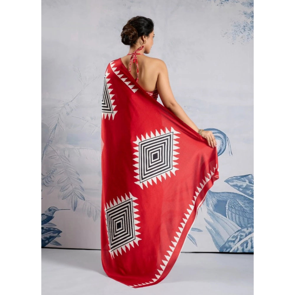 Seduva Women's Satin Crepe Printed Saree With Unstitched Blouse 5.5Mtr (Red)