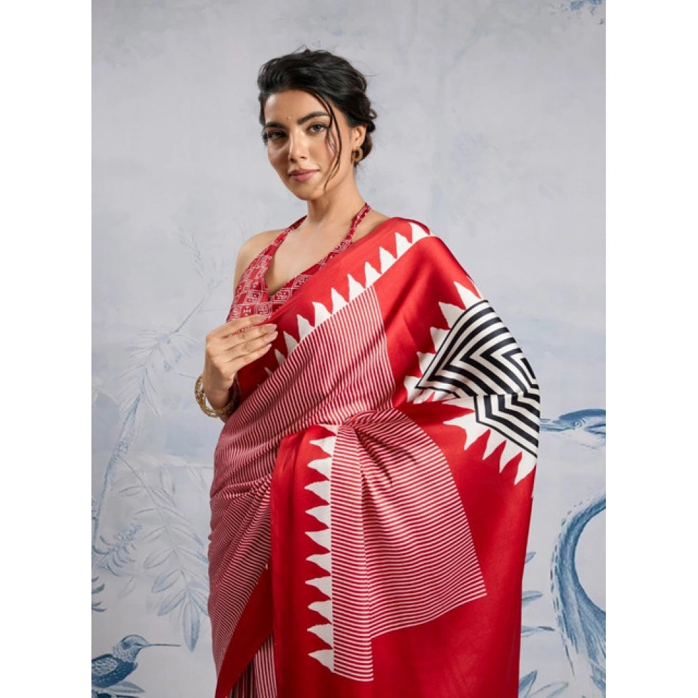 Seduva Women's Satin Crepe Printed Saree With Unstitched Blouse 5.5Mtr (Red)