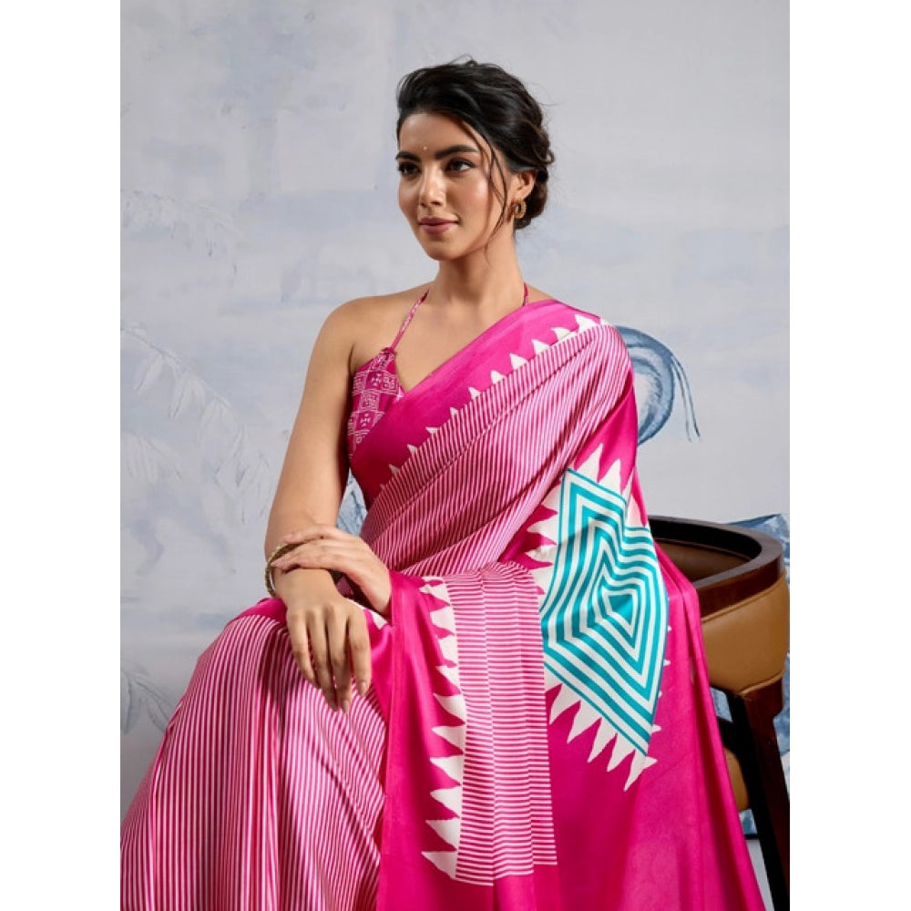 Seduva Women's Satin Crepe Printed Saree With Unstitched Blouse 5.5Mtr (Pink)