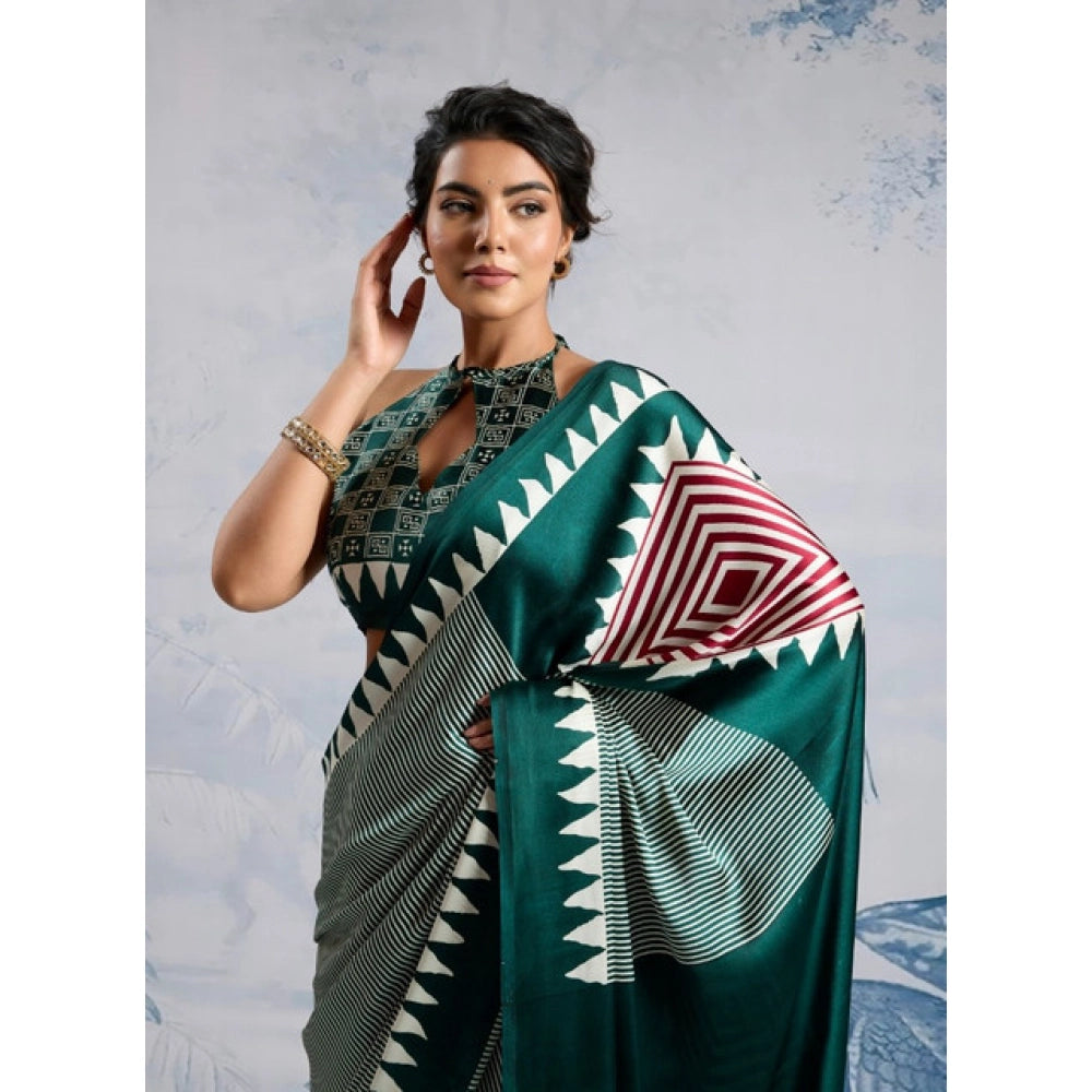 Seduva Women's Satin Crepe Printed Saree With Unstitched Blouse 5.5Mtr (Green)