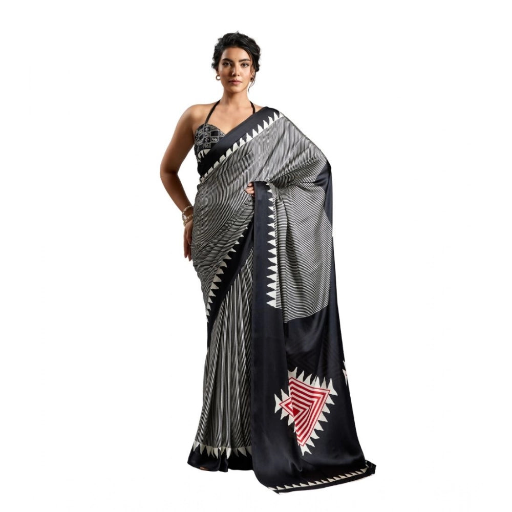Seduva Women's Satin Crepe Printed Saree With Unstitched Blouse 5.5Mtr (Black)