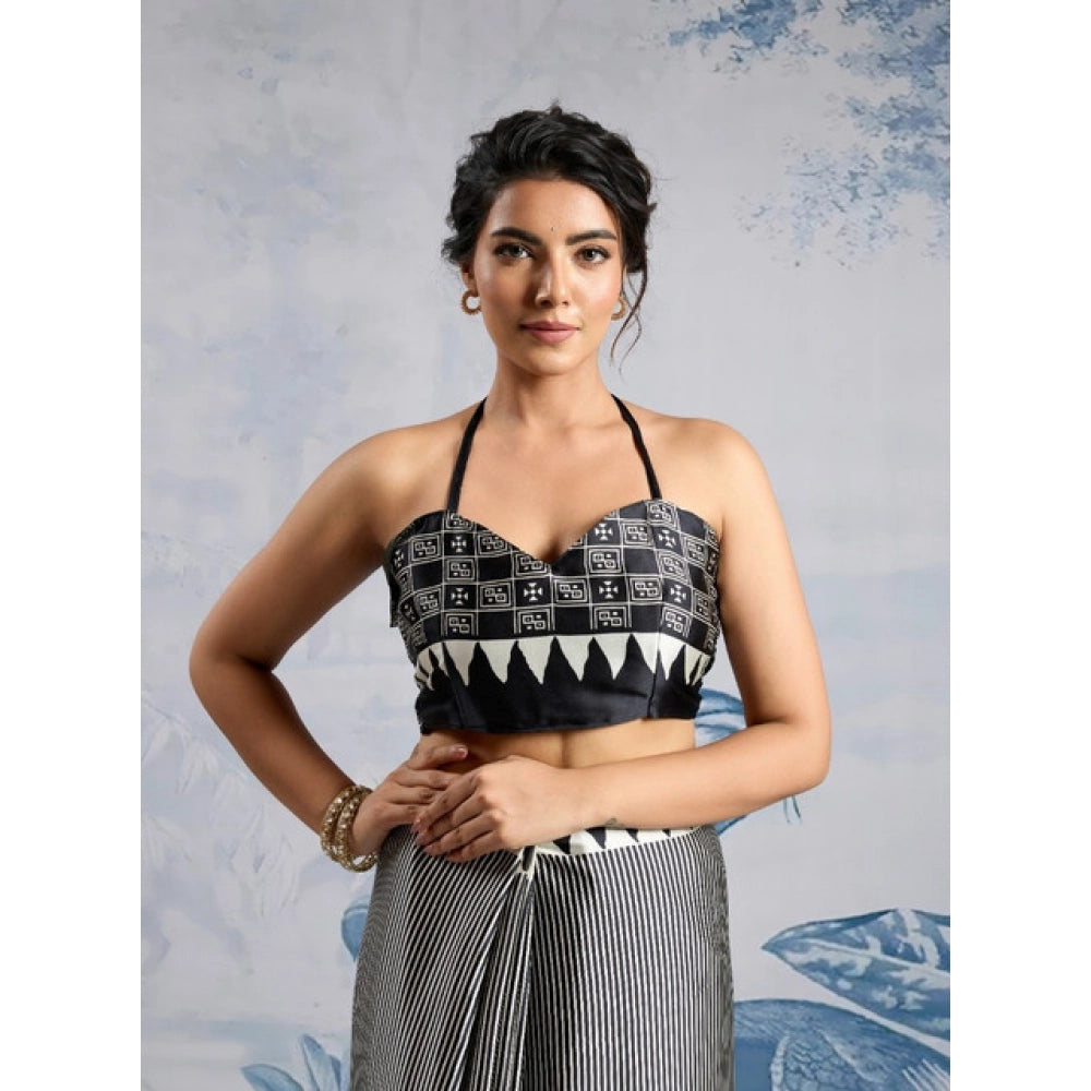 Seduva Women's Satin Crepe Printed Saree With Unstitched Blouse 5.5Mtr (Black)