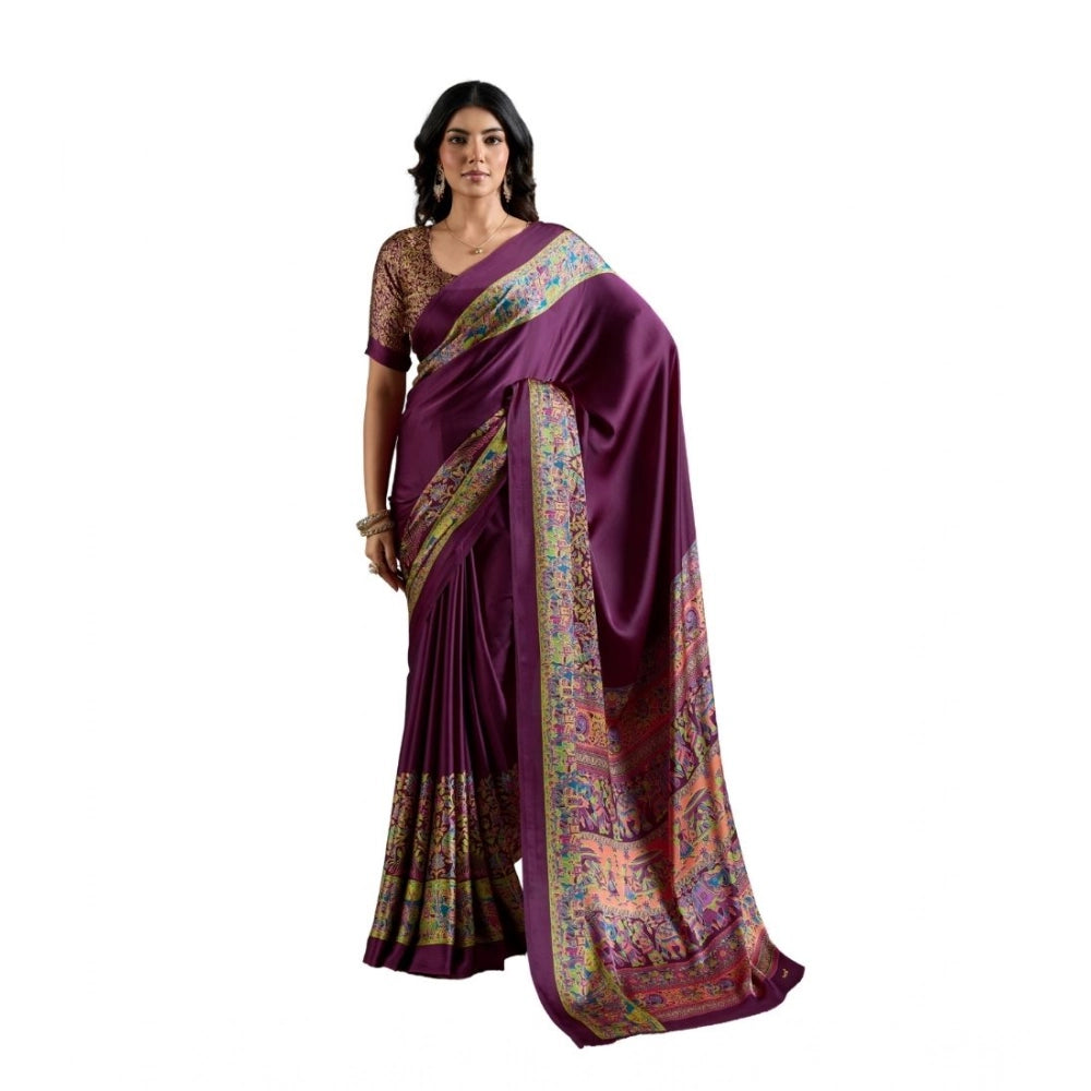 Seduva Women's Satin Crepe Printed Saree With Unstitched Blouse 5.5Mtr (Purple)