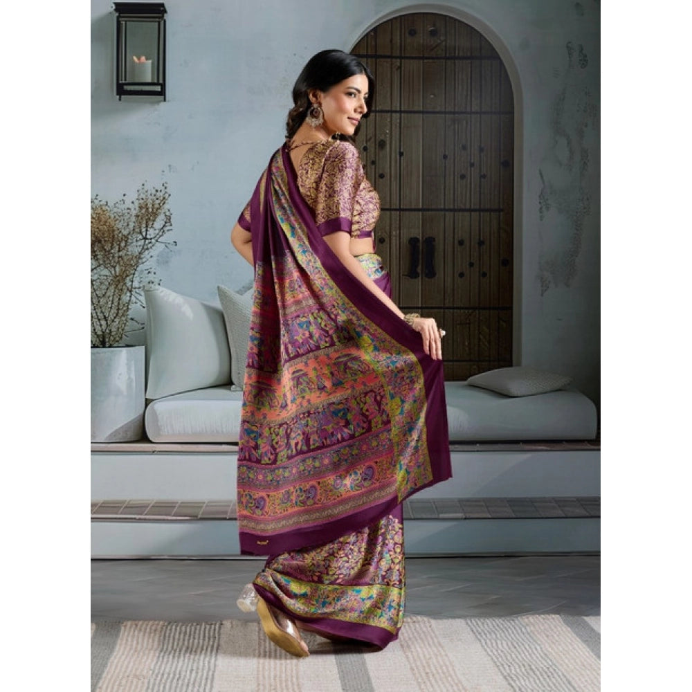 Seduva Women's Satin Crepe Printed Saree With Unstitched Blouse 5.5Mtr (Purple)