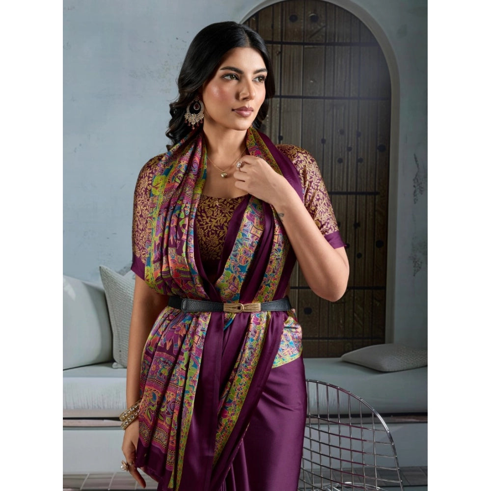 Seduva Women's Satin Crepe Printed Saree With Unstitched Blouse 5.5Mtr (Purple)