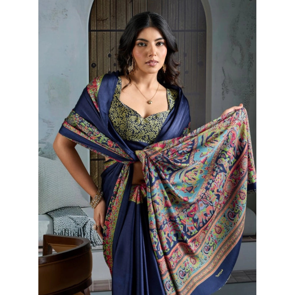 Seduva Women's Satin Crepe Printed Saree With Unstitched Blouse 5.5Mtr (Navy Blue)