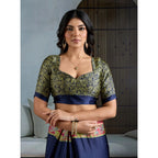 Seduva Women's Satin Crepe Printed Saree With Unstitched Blouse 5.5Mtr (Navy Blue)