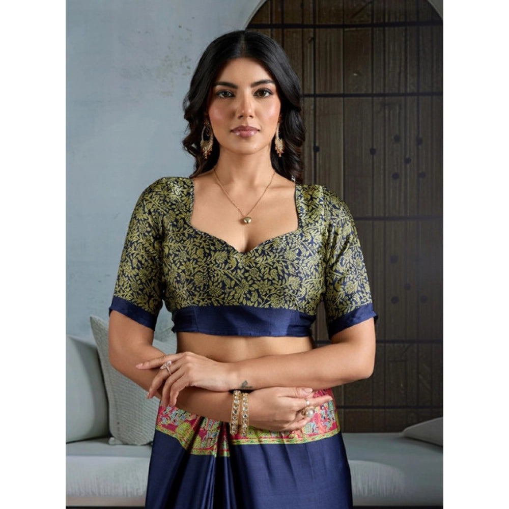 Seduva Women's Satin Crepe Printed Saree With Unstitched Blouse 5.5Mtr (Navy Blue)