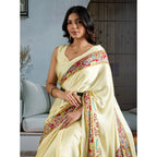 Seduva Women's Satin Crepe Printed Saree With Unstitched Blouse 5.5Mtr (Cream)