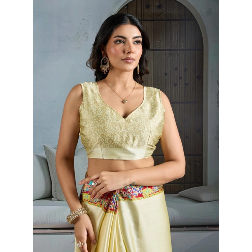 Seduva Women's Satin Crepe Printed Saree With Unstitched Blouse 5.5Mtr (Cream)