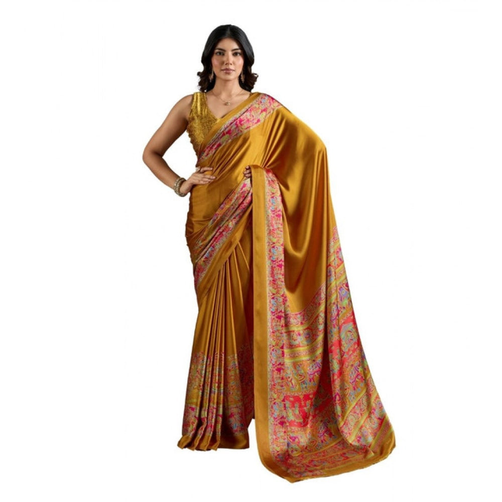 Seduva Women's Satin Crepe Printed Saree With Unstitched Blouse 5.5Mtr (Mustard)