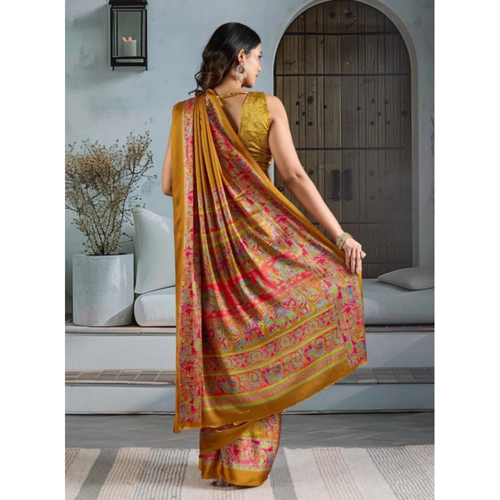 Seduva Women's Satin Crepe Printed Saree With Unstitched Blouse 5.5Mtr (Mustard)
