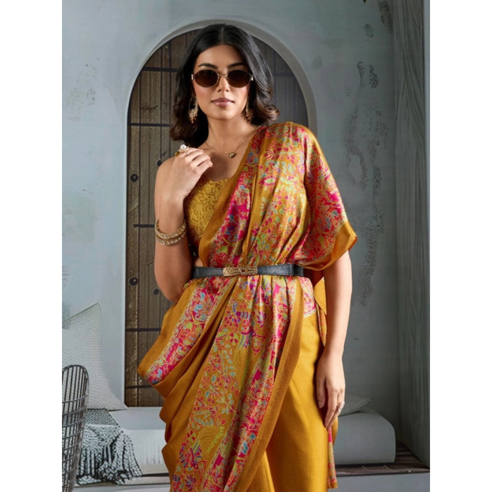 Seduva Women's Satin Crepe Printed Saree With Unstitched Blouse 5.5Mtr (Mustard)