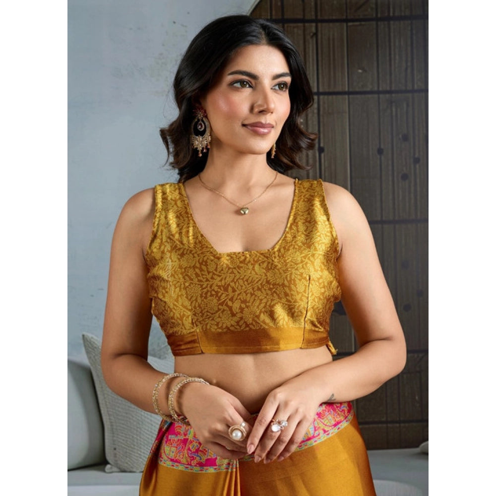 Seduva Women's Satin Crepe Printed Saree With Unstitched Blouse 5.5Mtr (Mustard)