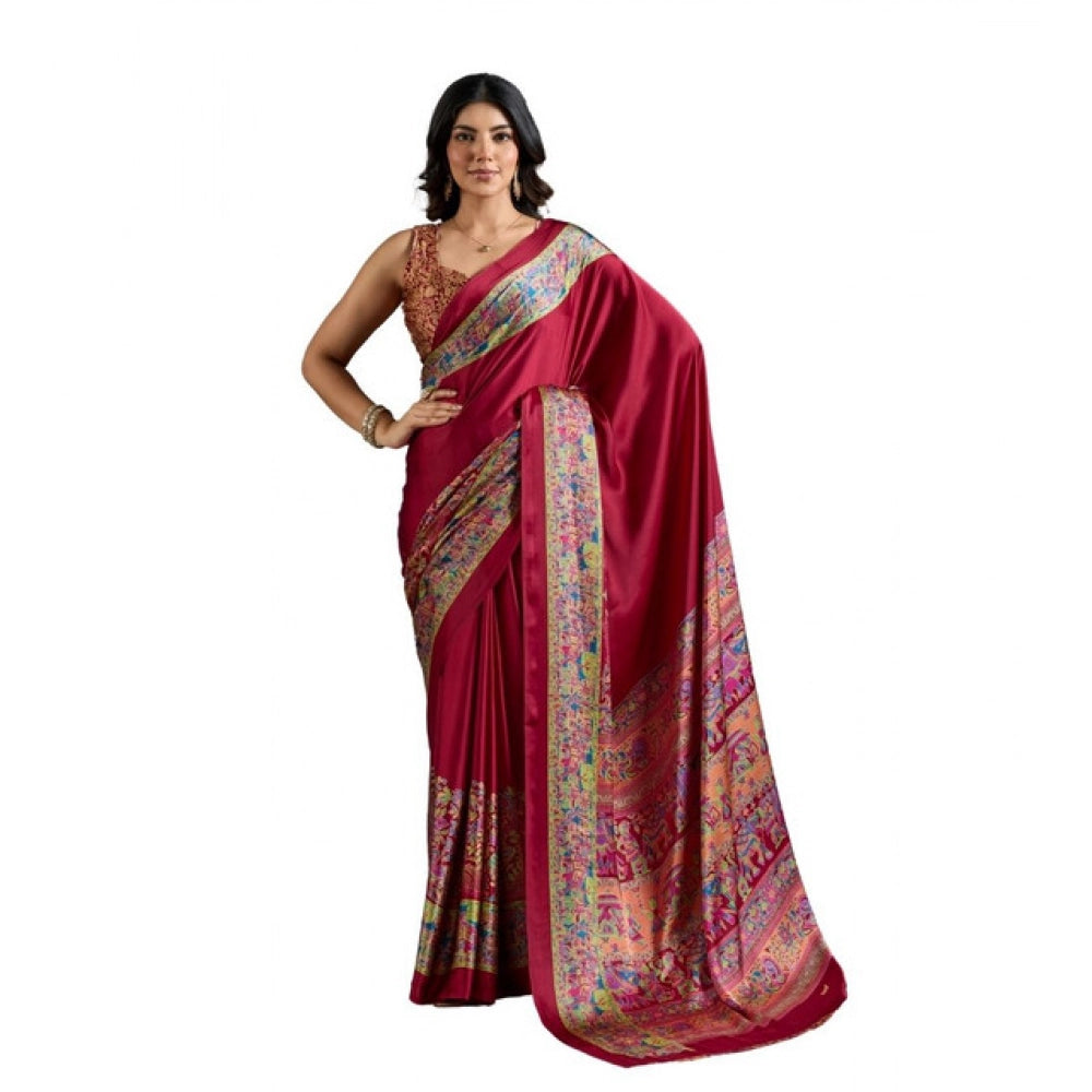 Seduva Women's Satin Crepe Printed Saree With Unstitched Blouse 5.5Mtr (Maroon)