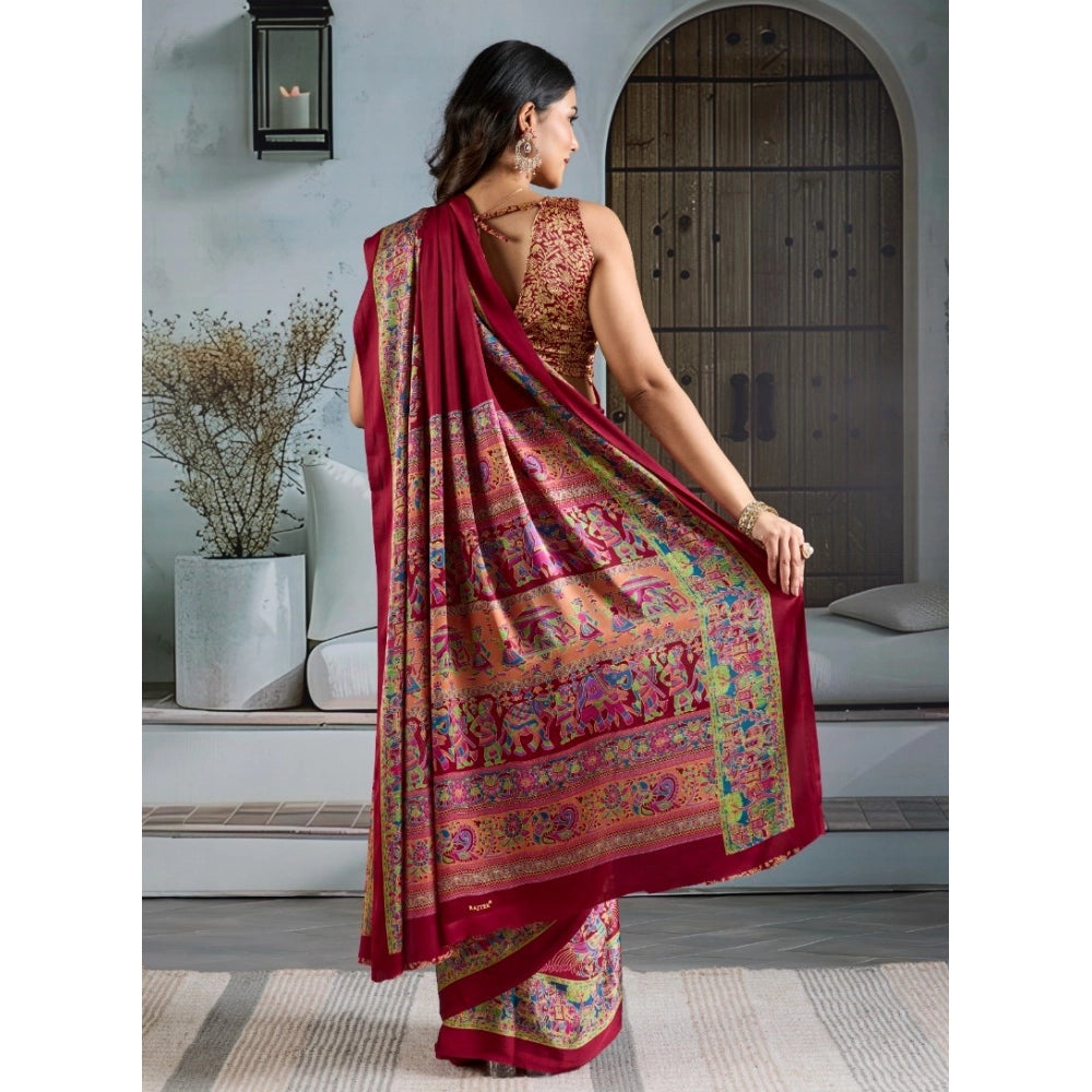 Seduva Women's Satin Crepe Printed Saree With Unstitched Blouse 5.5Mtr (Maroon)