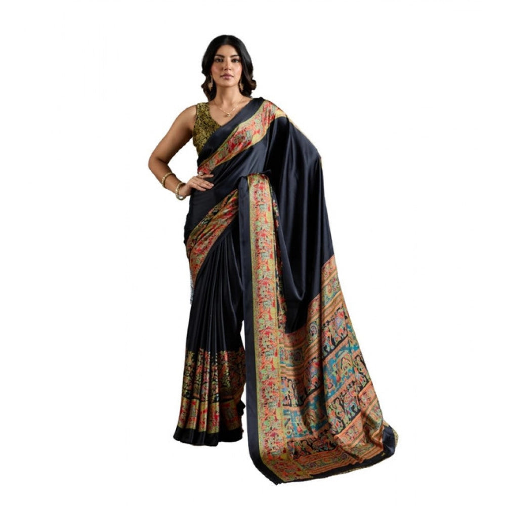 Seduva Women's Satin Crepe Printed Saree With Unstitched Blouse 5.5Mtr (Blue)