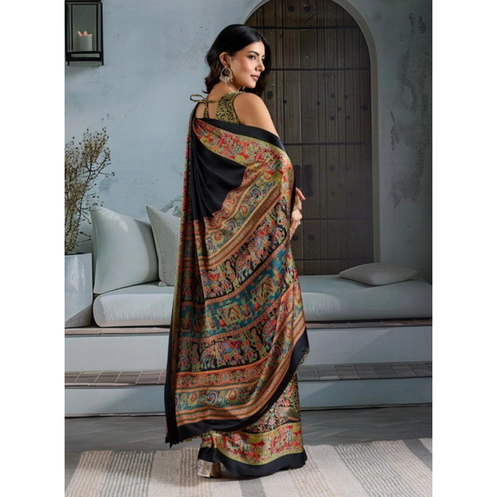 Seduva Women's Satin Crepe Printed Saree With Unstitched Blouse 5.5Mtr (Blue)