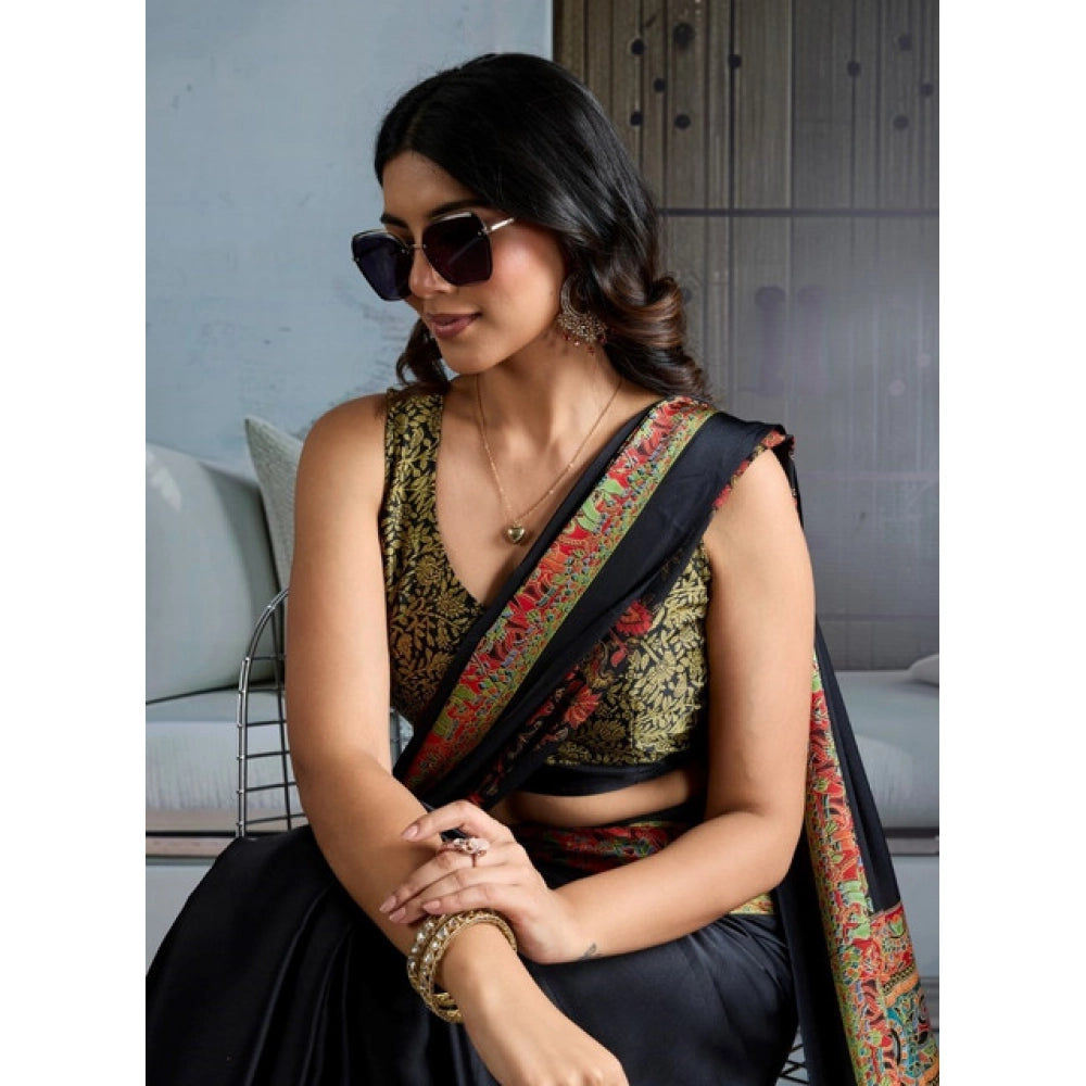 Seduva Women's Satin Crepe Printed Saree With Unstitched Blouse 5.5Mtr (Blue)