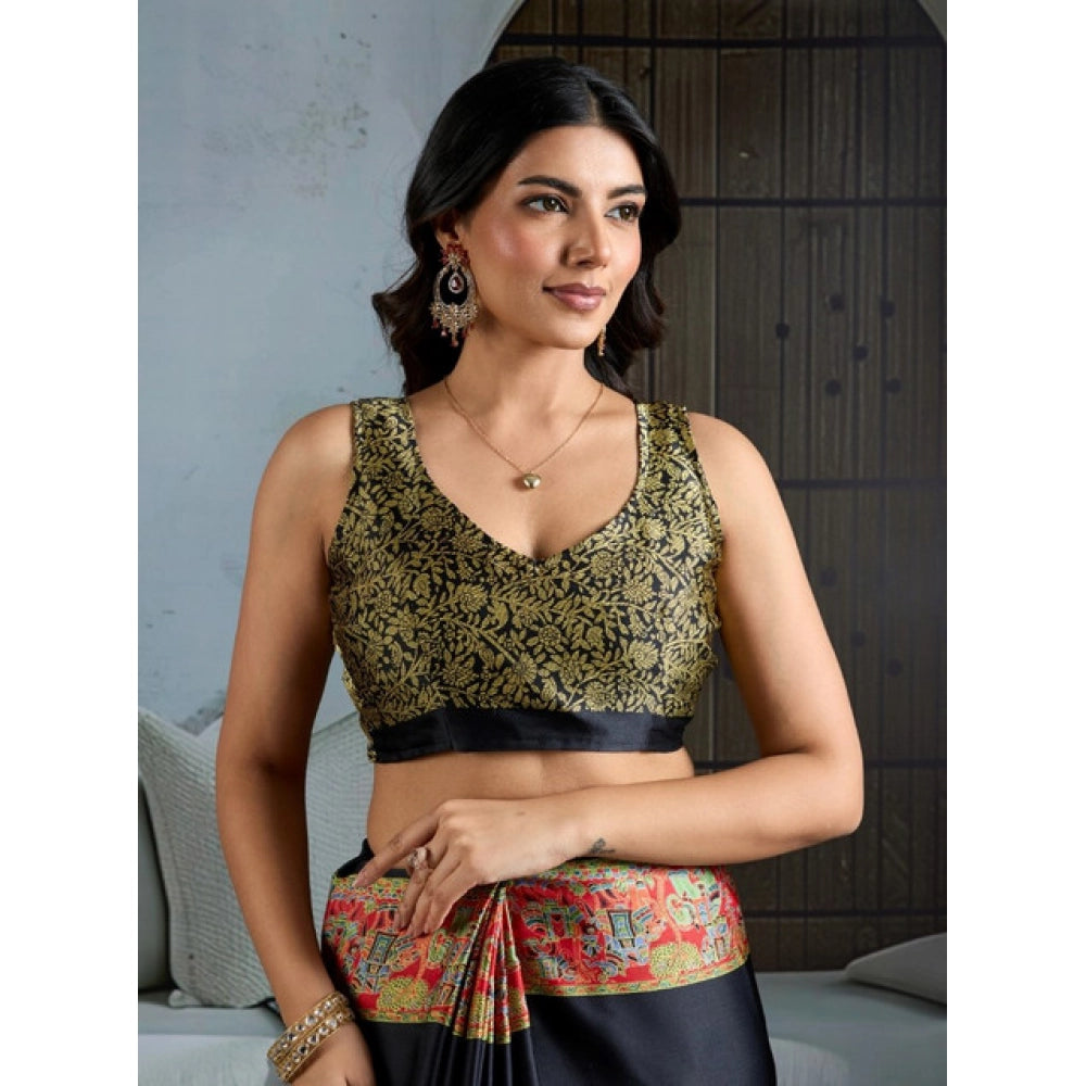 Seduva Women's Satin Crepe Printed Saree With Unstitched Blouse 5.5Mtr (Blue)