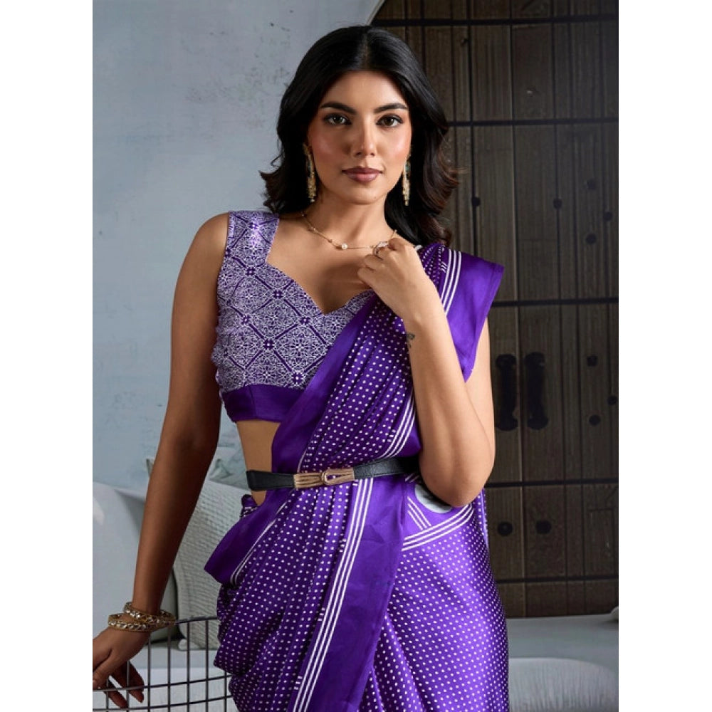 Seduva Women's Satin Crepe Printed Saree With Unstitched Blouse 5.5Mtr (Purple)