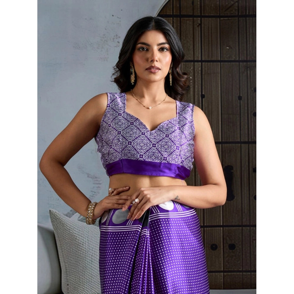 Seduva Women's Satin Crepe Printed Saree With Unstitched Blouse 5.5Mtr (Purple)