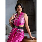 Seduva Women's Satin Crepe Printed Saree With Unstitched Blouse 5.5Mtr (Pink)