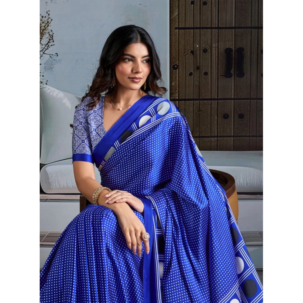 Seduva Women's Satin Crepe Printed Saree With Unstitched Blouse 5.5Mtr (Blue)