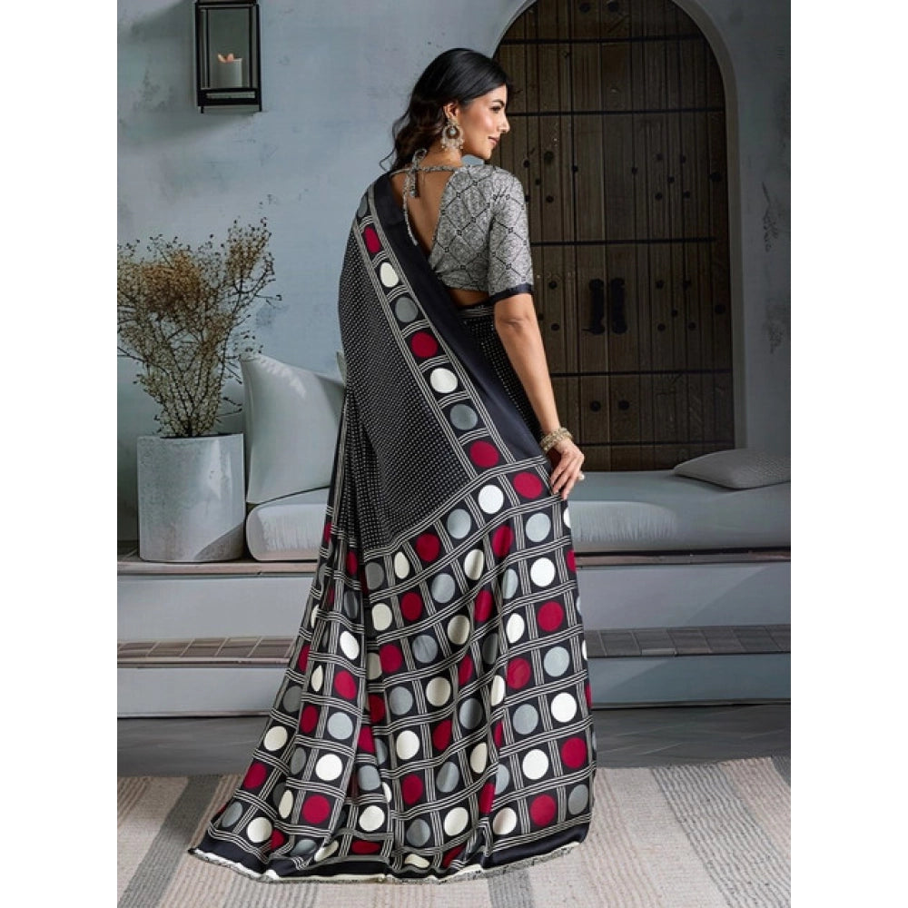Seduva Women's Satin Crepe Printed Saree With Unstitched Blouse 5.5Mtr (Black)