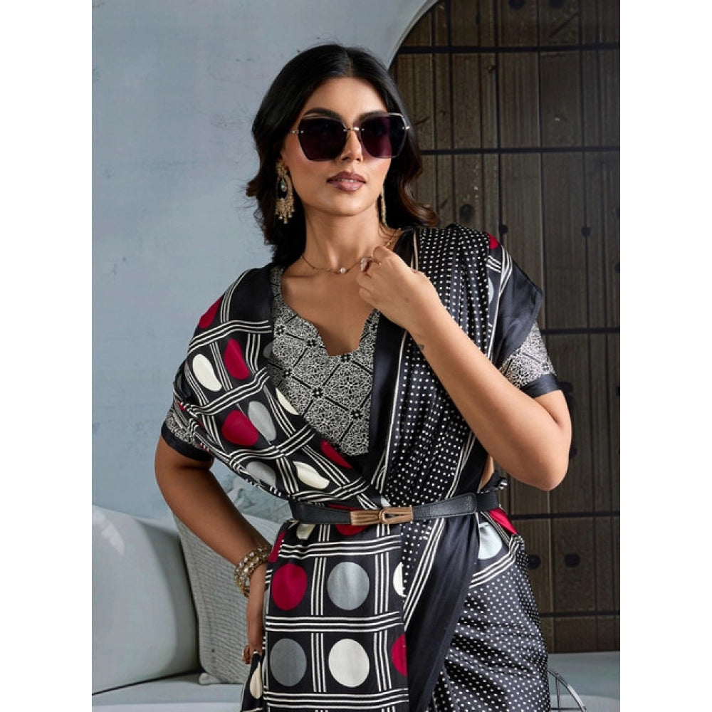 Seduva Women's Satin Crepe Printed Saree With Unstitched Blouse 5.5Mtr (Black)