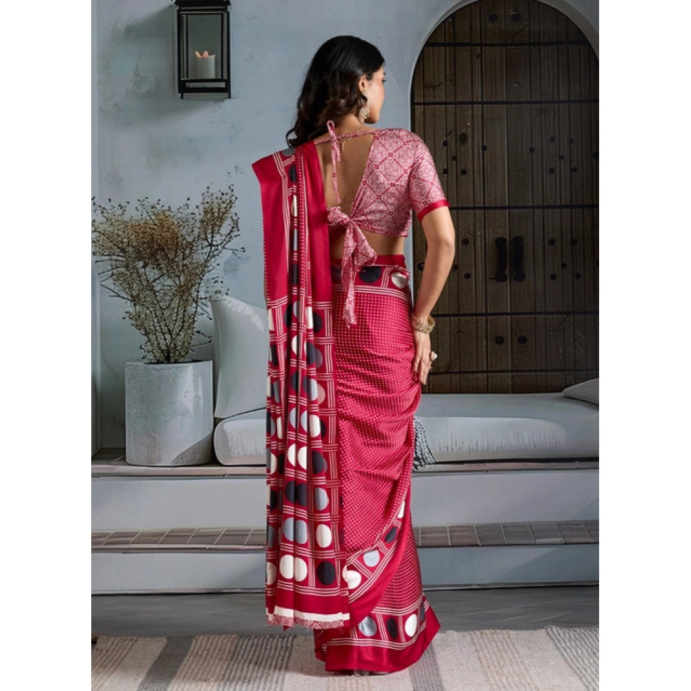 Seduva Women's Satin Crepe Printed Saree With Unstitched Blouse 5.5Mtr (Red)